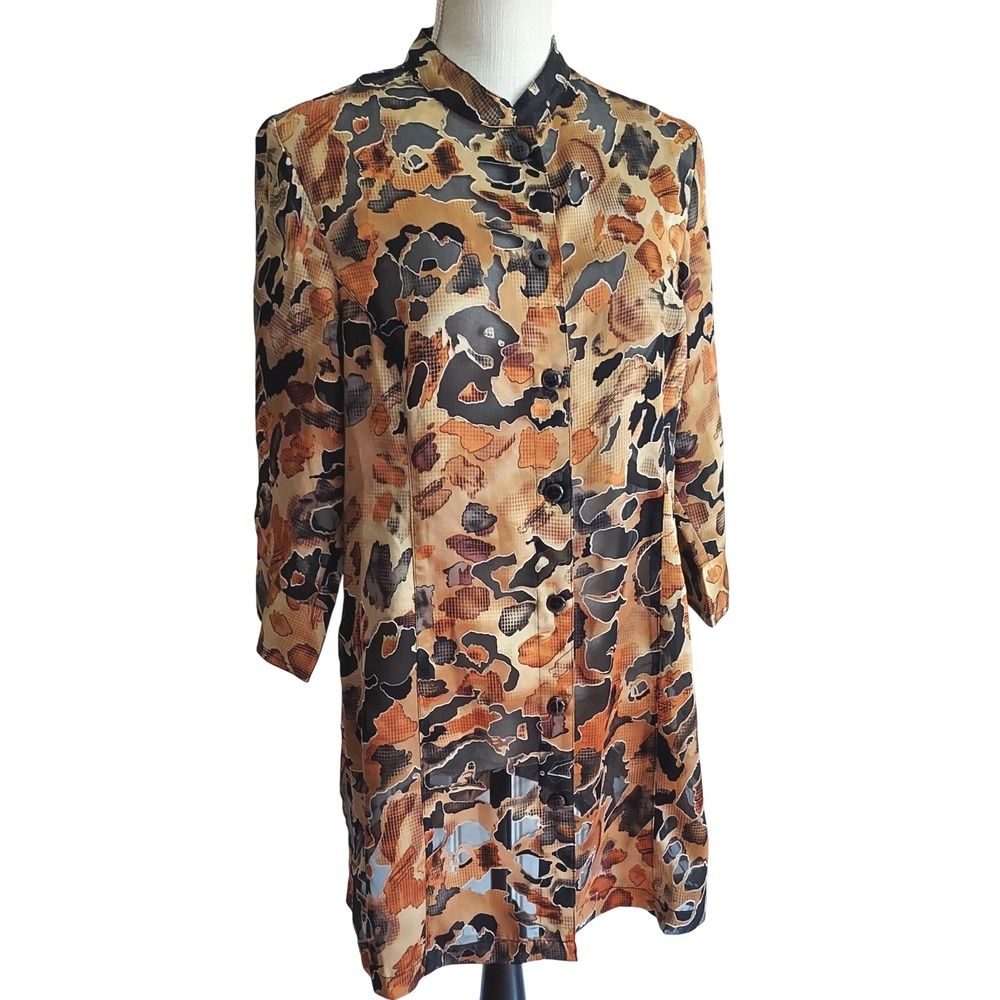 Erin London Women's S Abstract Print Button Down 3/4 Sleeve Tunic Top